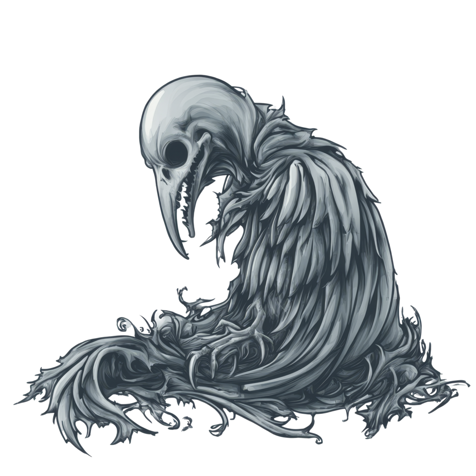 A mysterious figure with a raveninspired design sitting on a textured surface in a dark and eerie style, lcd monitor isolated on transparent tranparent background png