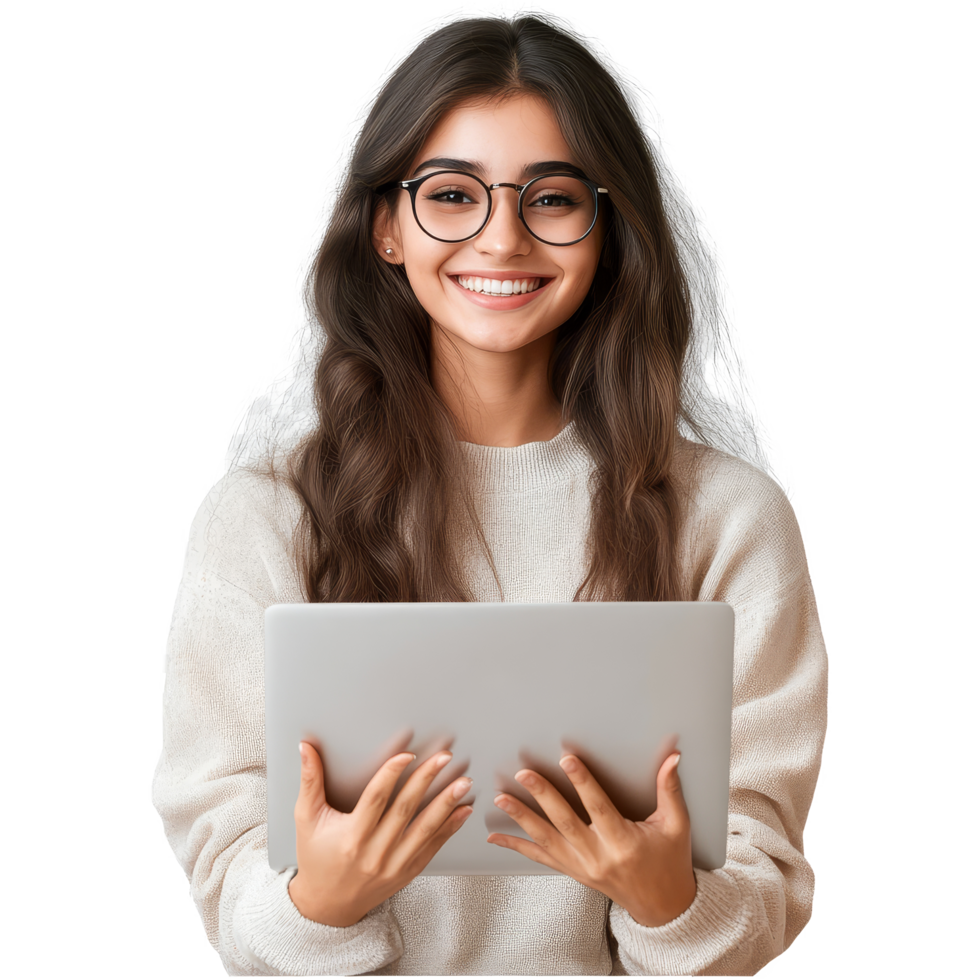 Young woman smiling while using a laptop in a cozy indoor setting during the afternoon, Young Asian Woman with Laptop Smiling png