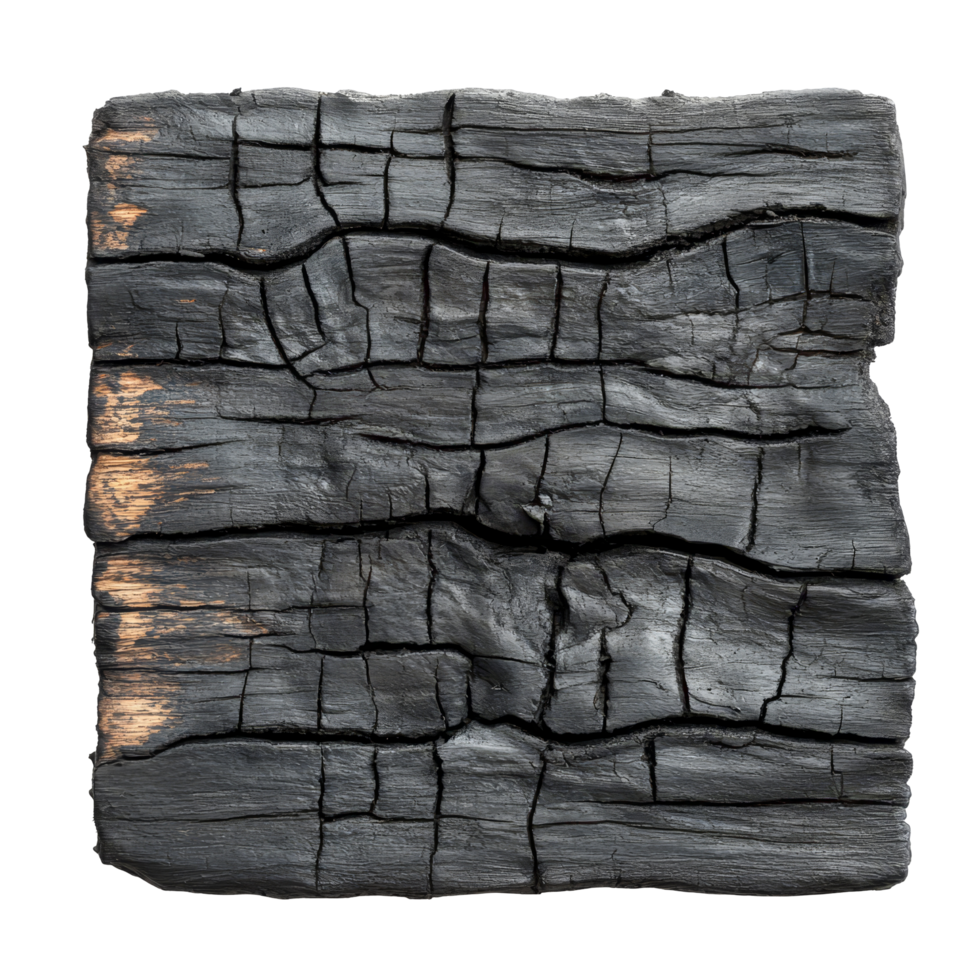 Old burned wood plank isolated on a transparent background, showcasing unique textures from fire damage, old burned wood blank isolated on transparent background png
