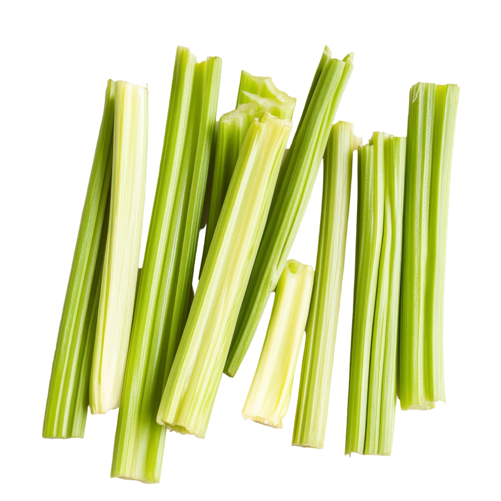 Fresh celery sticks arranged on a clean transparent background showcasing their vibrant green color and texture, Celery sticks on transparent background png