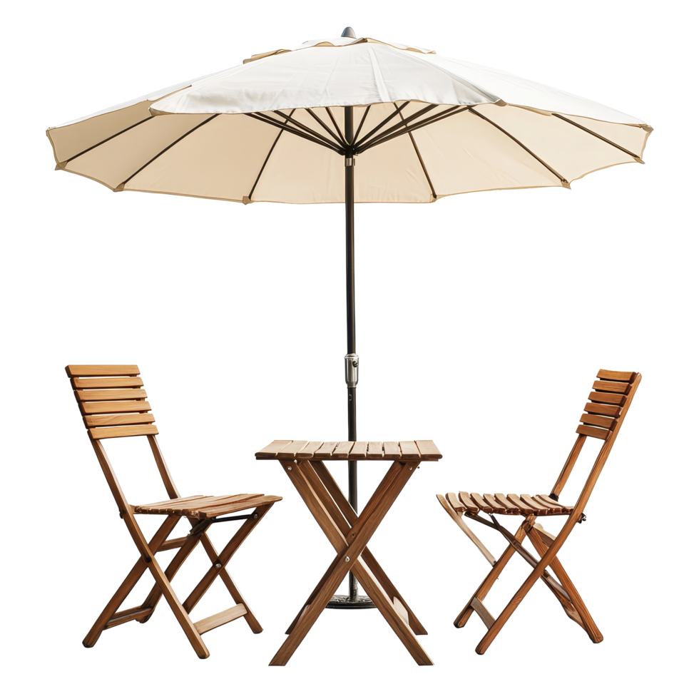 Cozy wooden table and chairs set with a parasol umbrella for outdoor relaxation in the sun, Table with Chair and Parasol Umbrella Isolated on transparent background png