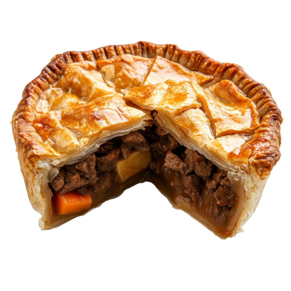 Delicious beef pie with a golden crust and savory filling, isolated on a transparent background, pie filled beef isolated on transparent background png