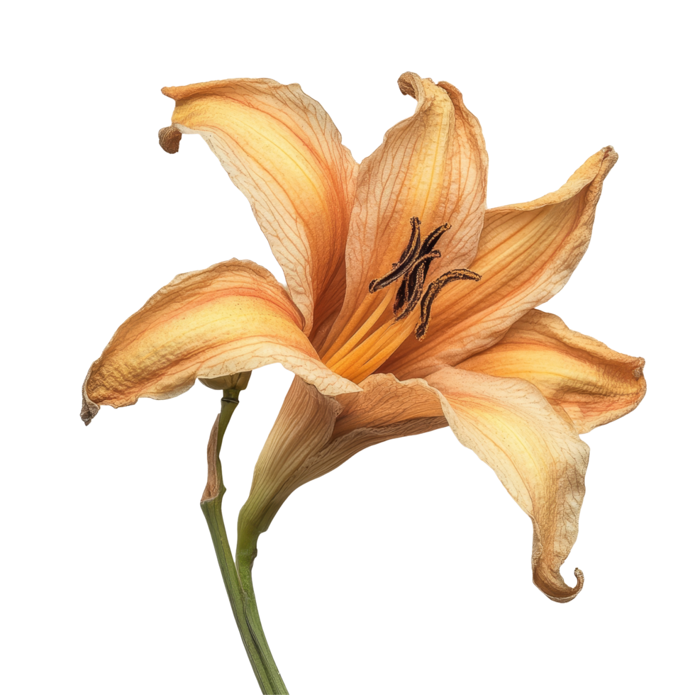 Dried day lily flower displayed on a clean transparent background showcasing intricate details and natural textures, dried day lily flower on transparent background png