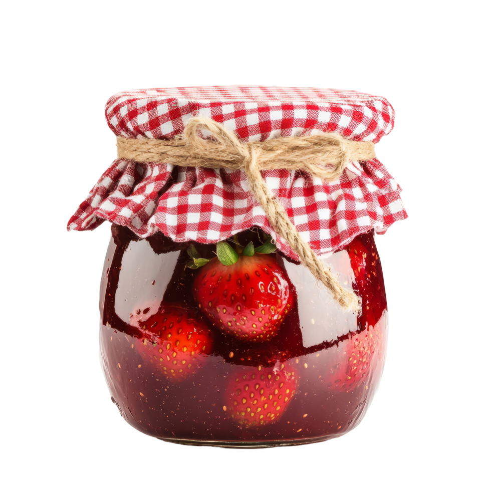 Homemade strawberry jam in a jar with a gingham cloth cover and fresh strawberries inside, Jar of Homemade Strawberry Jam with Gingham Cloth Cover on transparent background png