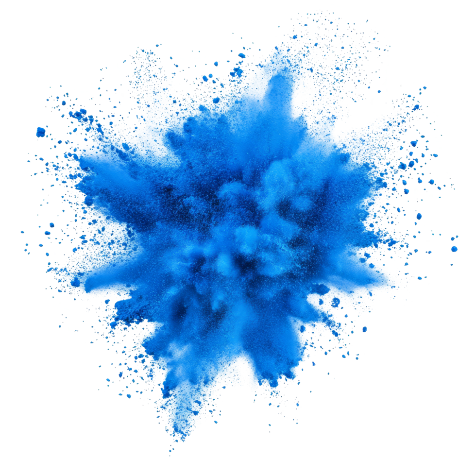Vibrant blue powder explosion isolated on a transparent background showcasing dynamic color dispersal, blue color powder pulver explosion isolated on transparent background png