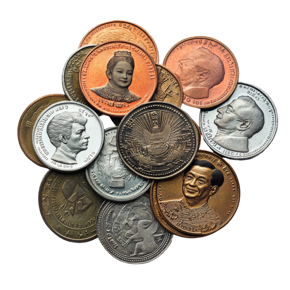 Collection of various Thai coins isolated on a transparent background showcasing unique designs and historical figures, Thai coins isolated on transparent backgroundfile png