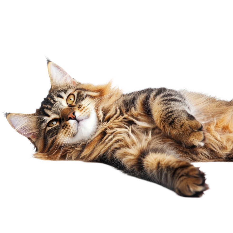 Relaxed Maine cat lounging comfortably on the ground in a cozy indoor setting during daylight, Relaxed Maine Cat Laying on the Ground, Furry Pet Isolated on transparent background png