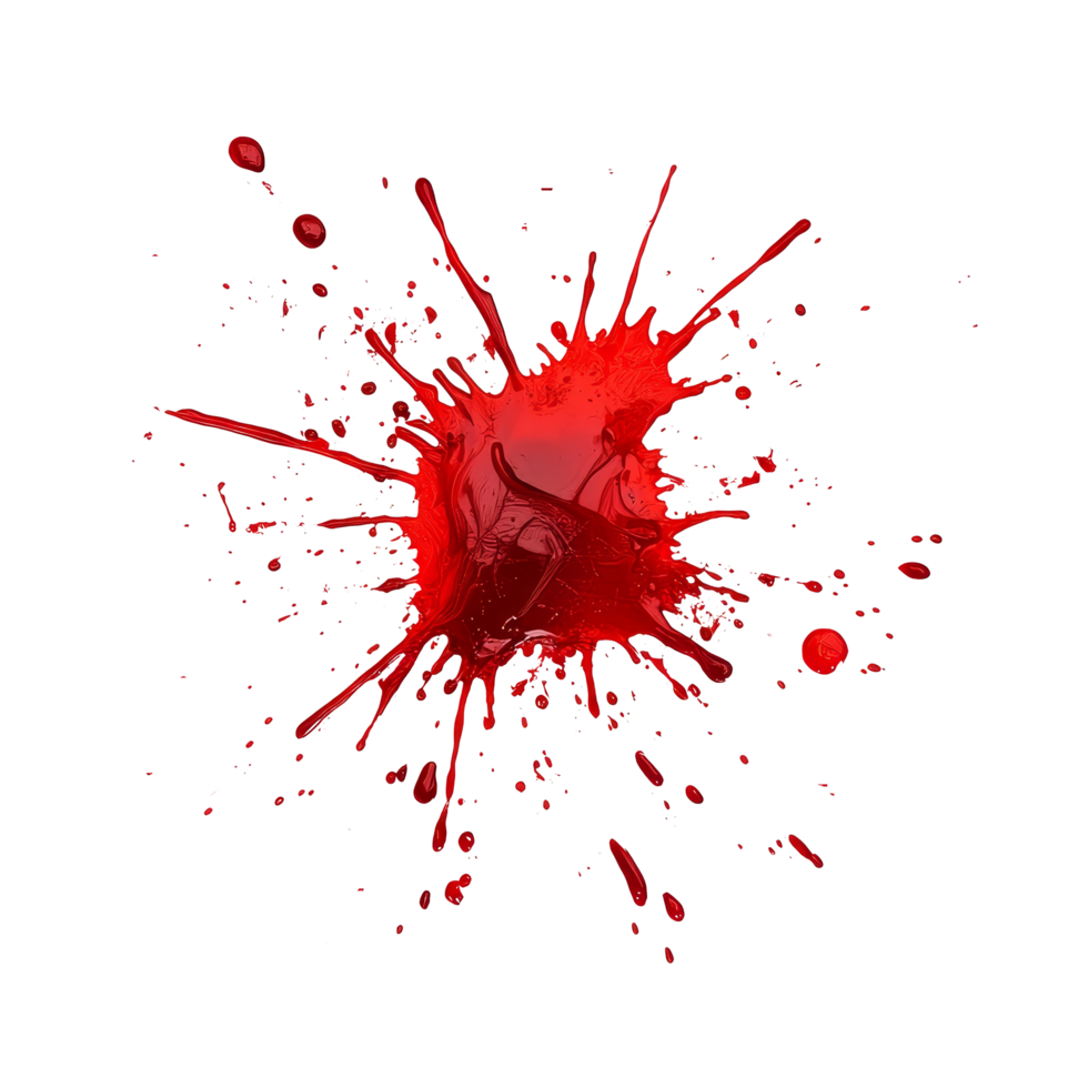 Isolated blood splatter on a transparent background showcasing vivid red color and dynamic texture, Blood Splatter Isolated on transparent background png