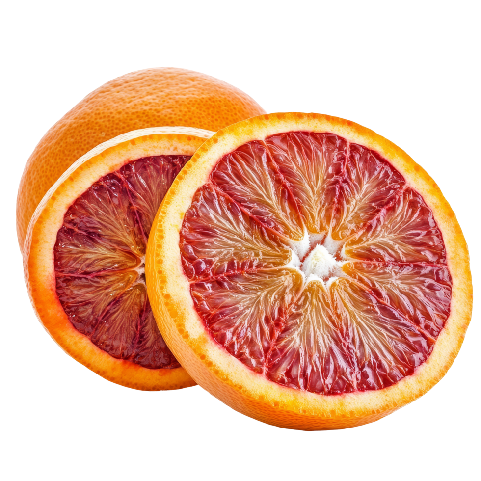Vibrant half blood oranges isolated on a clean transparent background for culinary and healthfocused presentations, half blood oranges isolated on transparent background png