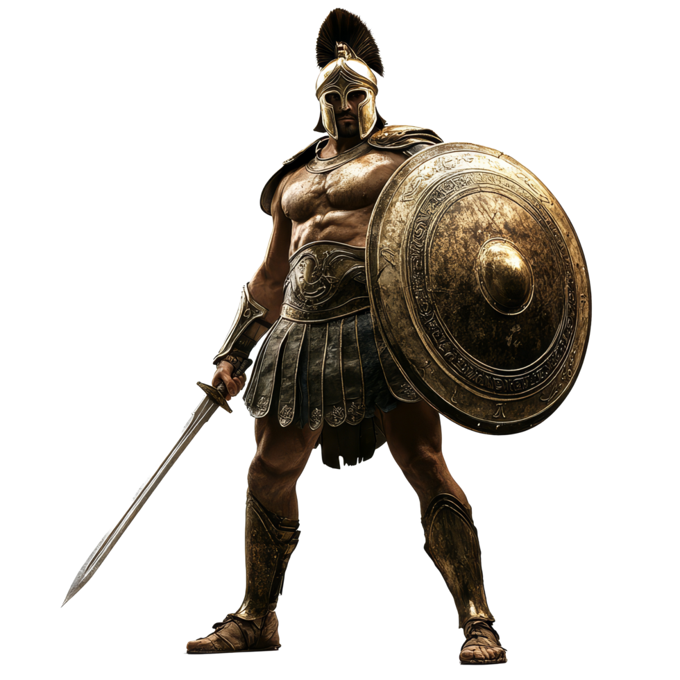 An ancient Greek warrior stands boldly with sword and shield against a transparent backdrop, ancient greek warrior man sword and shield isolated on transparent background png