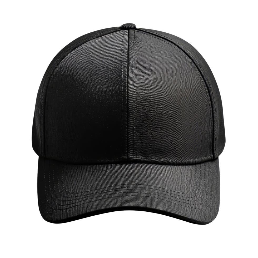 Front view mockup of a black baseball cap isolated on a clean background for design purposes, black baseball cap mockup front view, file of isolated object with shadow on transparent background png