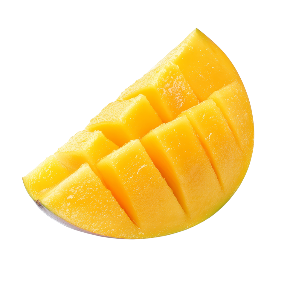 Fresh and juicy mango slice placed on a clean transparent background showcasing its vibrant yellow color, mango slice isolated on transparent background png
