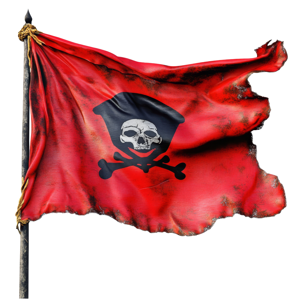 A tattered pirate flag waving against a transparent background, symbolizing adventure and maritime lore, Pirate flag isolated on transparent background png