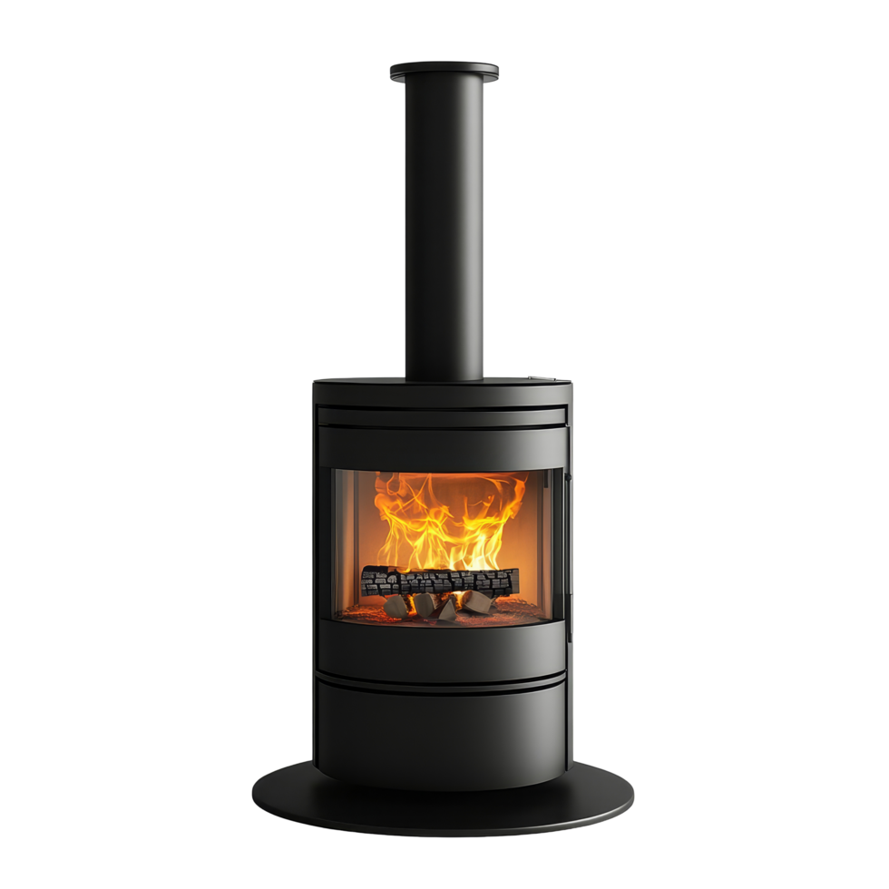 Modern wood burning stove with visible flames ideal for cozy home heating during winter months, Wood Burning Stove Isolated on transparent background png