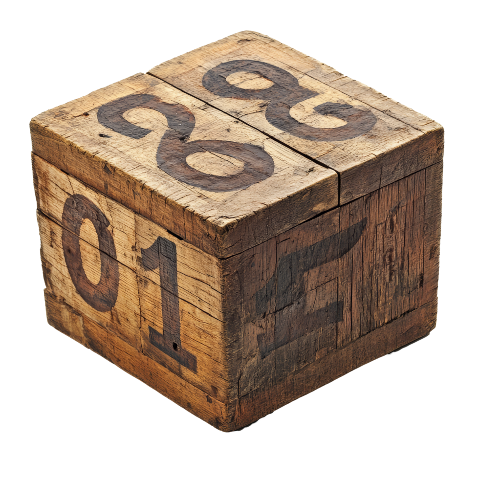 A weathered wooden box displaying numbers 0, 1, 6, and 9 against a clean transparent background, wooden box with numbers on transparent backgroundfile png