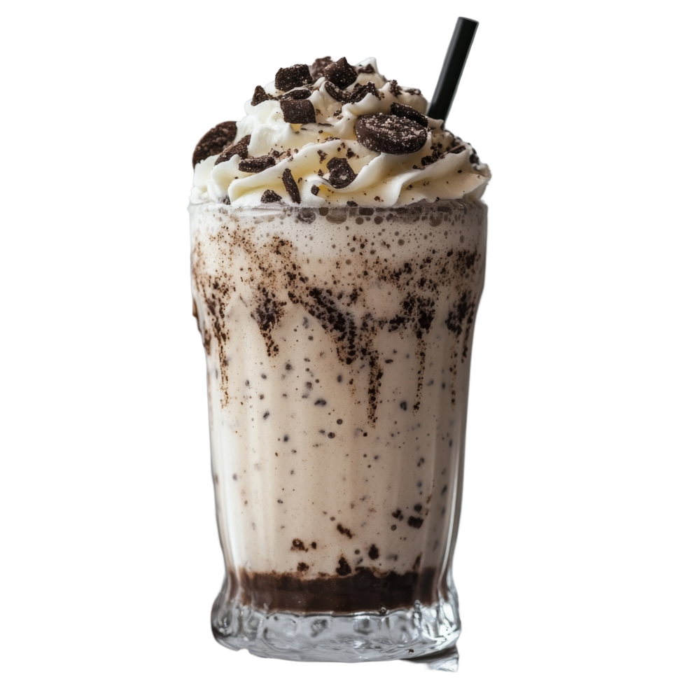 Delicious cookies and cream milkshake topped with whipped cream and chocolate crumbles on a marble countertop, Cookies and Cream Milkshake with Whipped Cream on transparent background png