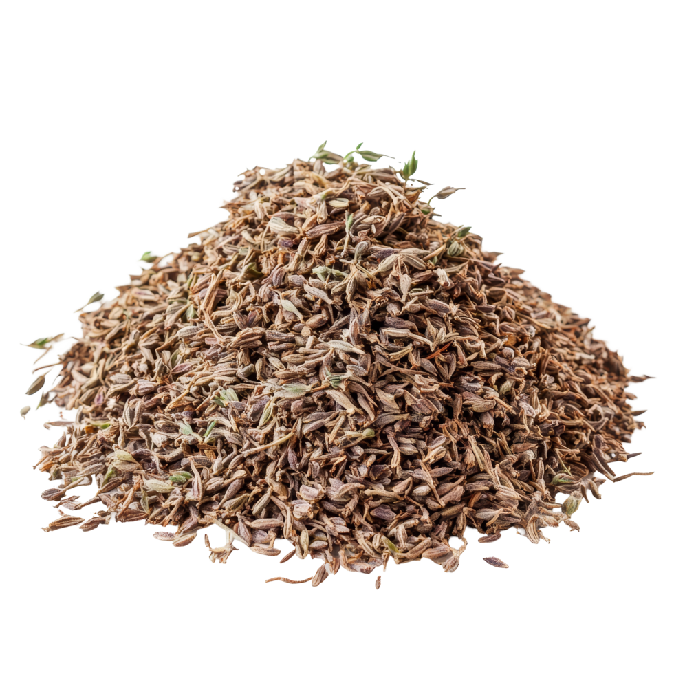 Heap of dried thyme on a transparent background showcasing its distinct texture and earthy color, Heap of dried Thyme isolated on transparent background png