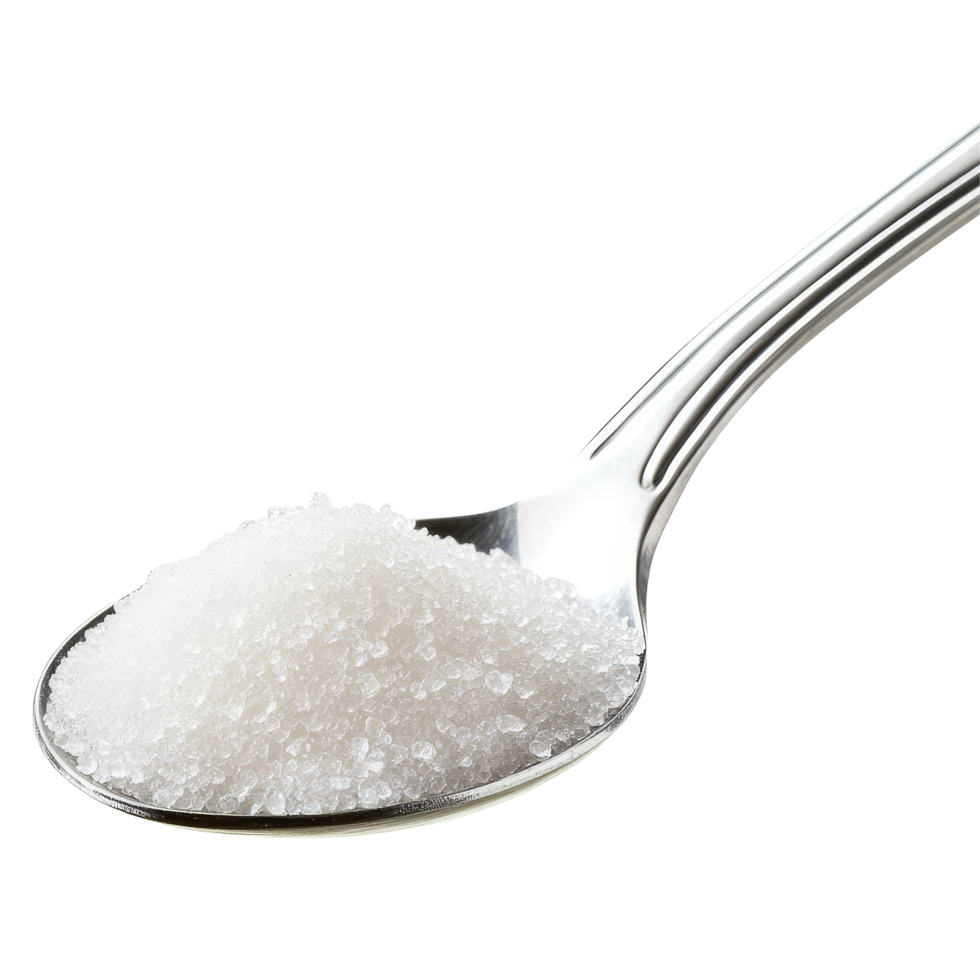 Granulated sugar heaped in a stainless steel spoon on a clean transparent background for culinary uses, sugar in spoon isolated on transparent background png