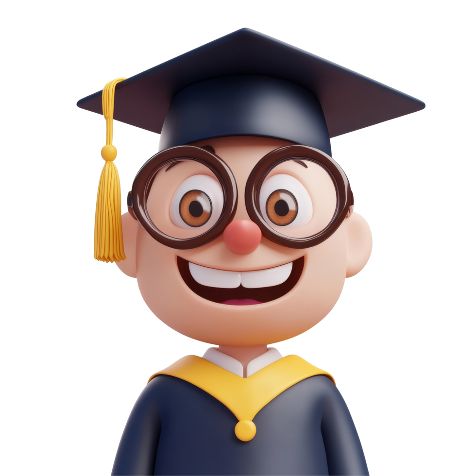 Playful cartoon character wearing a graduation cap and gown on a bright transparent background, 3D Cartoon Graduation Cap on transparent background png