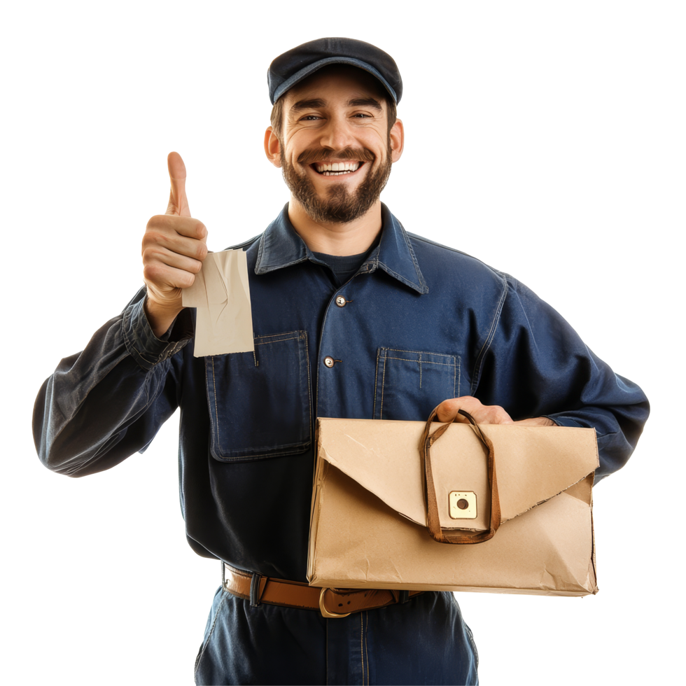 Mailman smiling and giving a thumbs up while holding a mailbag on a transparent background, Mailman isolated on transparent background png