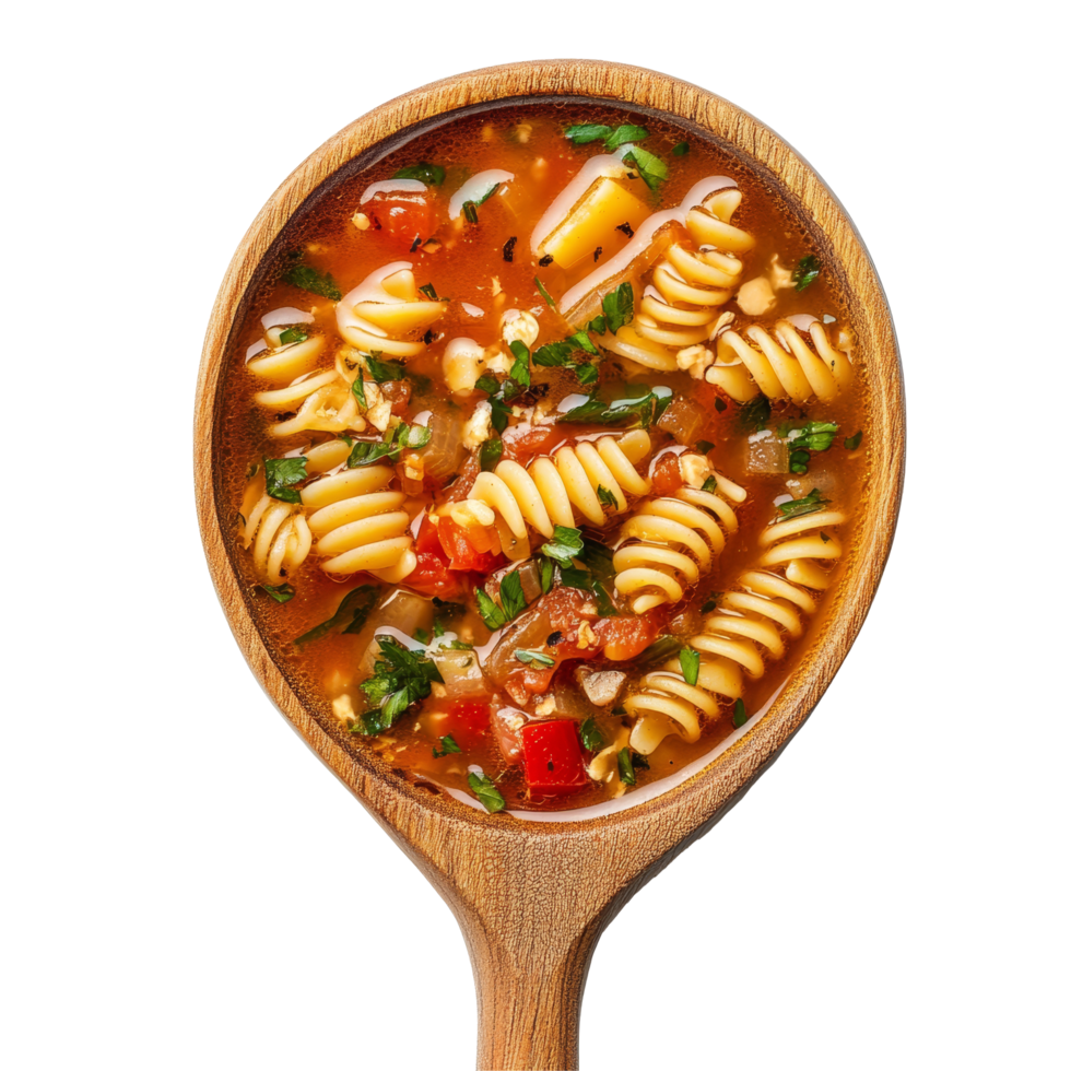 Delicious Italian pasta soup served on a wooden spoon against a clean transparent background, italian pasta soup on wooden spoon isolated on transparent png