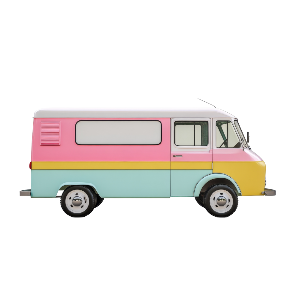 Vibrant colored ice cream truck parked against a clean transparent background in a cheerful atmosphere perfect for sweet treats and summer fun, Colored Ice Cream Truck on transparent background png