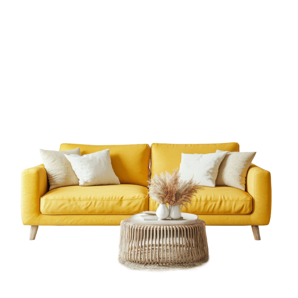 Stylish living room featuring a vibrant yellow sofa and dried plants in a cozy, modern setting, Stylish Living Room with Yellow Sofa and Dried Plants on transparent background png