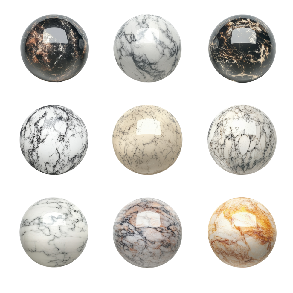 Beautifully crafted marble spheres arranged on a clean transparent background showcasing unique patterns and colors, marble spheres isolated on transparent background png