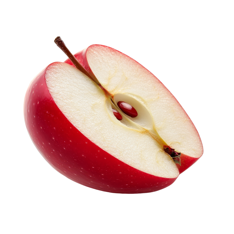 Fresh red apple slice beautifully displayed against a clean transparent background, showcasing its crisp texture and seeds, Red apple slice isolated on transparent background png