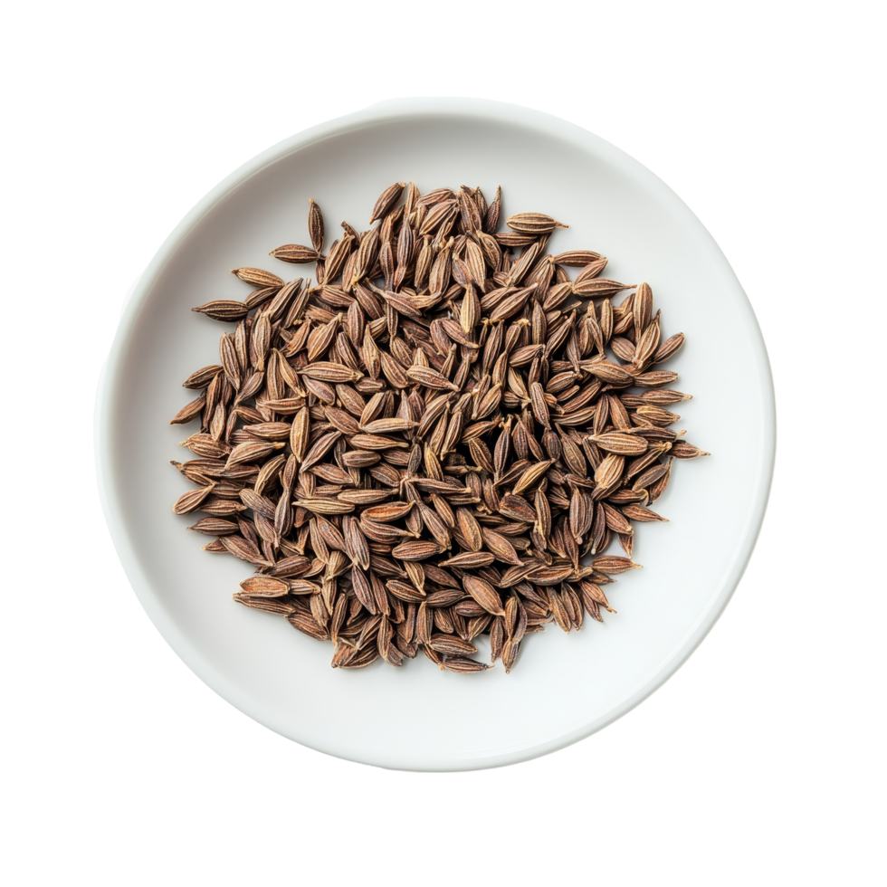 Cumin seeds arranged neatly on a transparent plate set against a bright transparent background, cumin seeds in plate on transparent background png