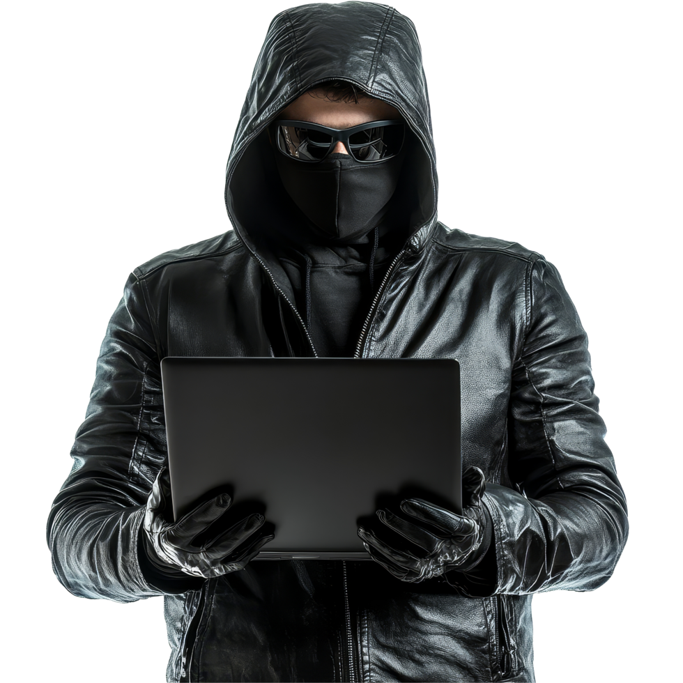 A hacker works intently on a laptop wearing a black hoodie and gloves against a plain transparent background, Hacker with Laptop on transparent background png