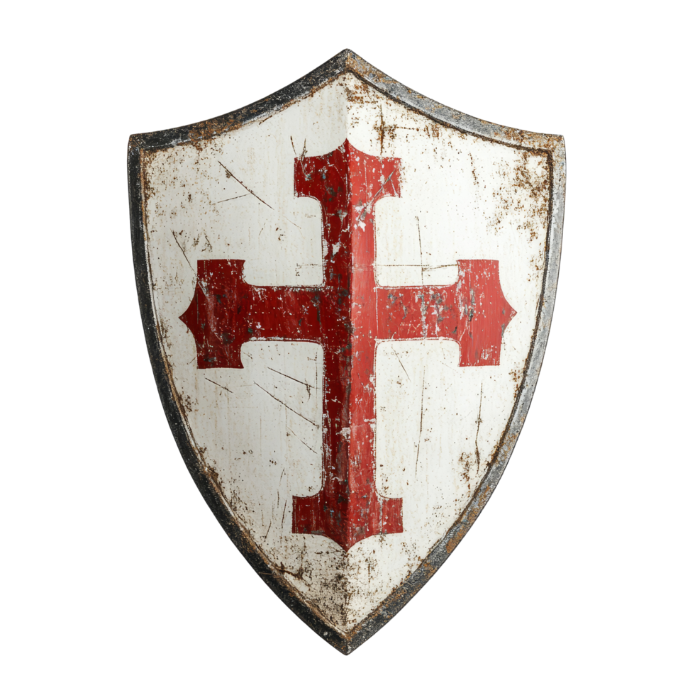 Vintage transparent shield with a red cross on display against a transparent background, showcasing historical symbolism, vintage transparent shield with red cross isolated on transparent background png