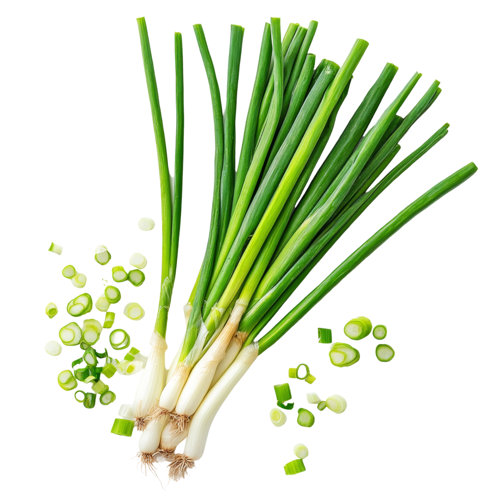 Freshly sliced green onions on a clean transparent background ready for culinary use in various dishes, Slice green onions on transparent background png