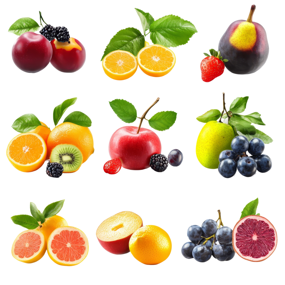 A vibrant collection of assorted fruit icons arranged beautifully on a clean transparent background, many fruit icons isolated on transparent background png