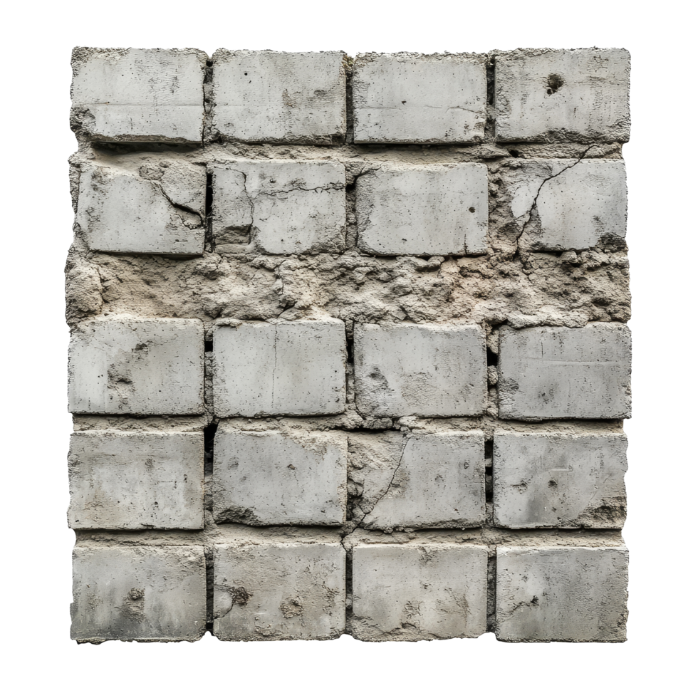 Concrete wall texture with distinct blocks and chipping in an isolated setting on a transparent background, whole is beton wall isolated on transparent background png