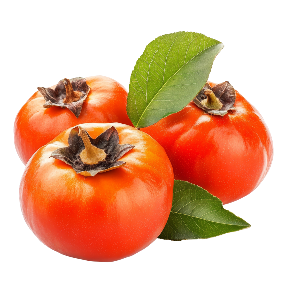 Fresh ripe persimmons with green leaf isolated on a clean transparent background ready for culinary use, fresh ripe persimmons with leaf isolated on transparent background png