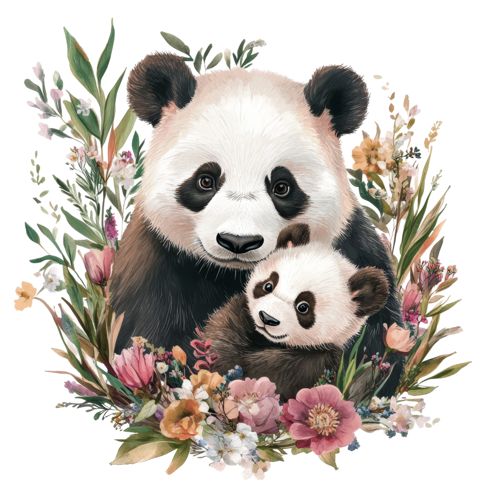 Mother panda lovingly embraces her cub surrounded by colorful floral decoration in a serene habitat, Mother Panda with Cub and Floral Decoration, illustrastion for mother days on transparent png