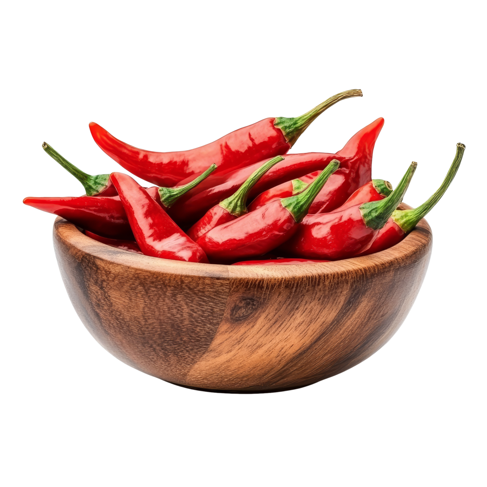 Freshly sliced red chili peppers in a wooden bowl on a bright transparent background, Slice red chili in wood bowl isolated on transparent background png