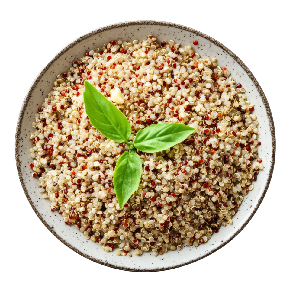 Healthy quinoa served in a bowl garnished with fresh basil leaves on a transparent background, Quinoa in a plate on transparent background png