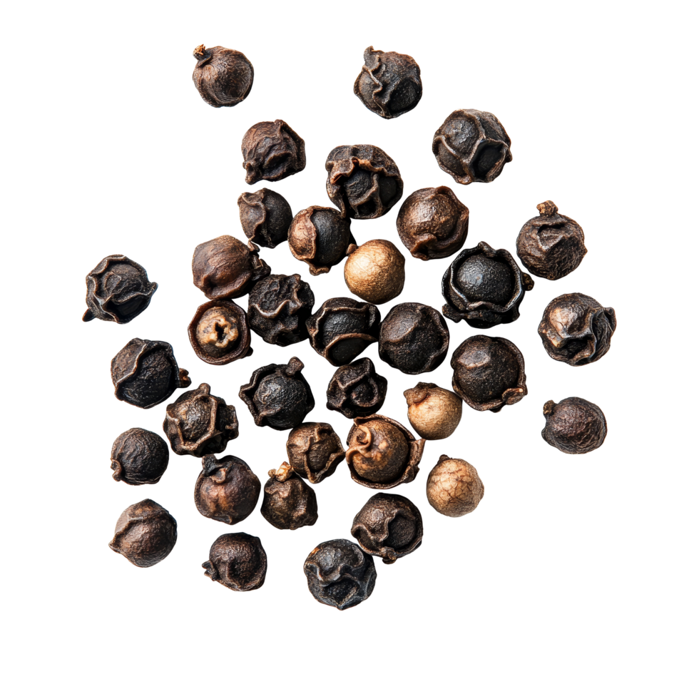 Black peppercorns arranged on a clean transparent background showcasing their texture and color variations, Black Peppercorns isolated on transparent background png