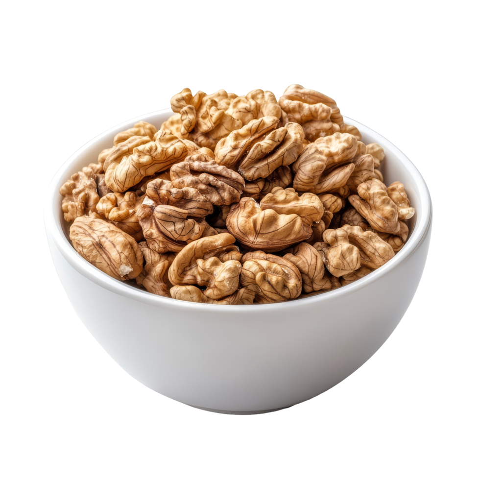 Fresh walnuts in a transparent bowl isolated against a plain transparent background for culinary or healthfocused presentations, Walnuts in transparent bowl isolated on transparent background png