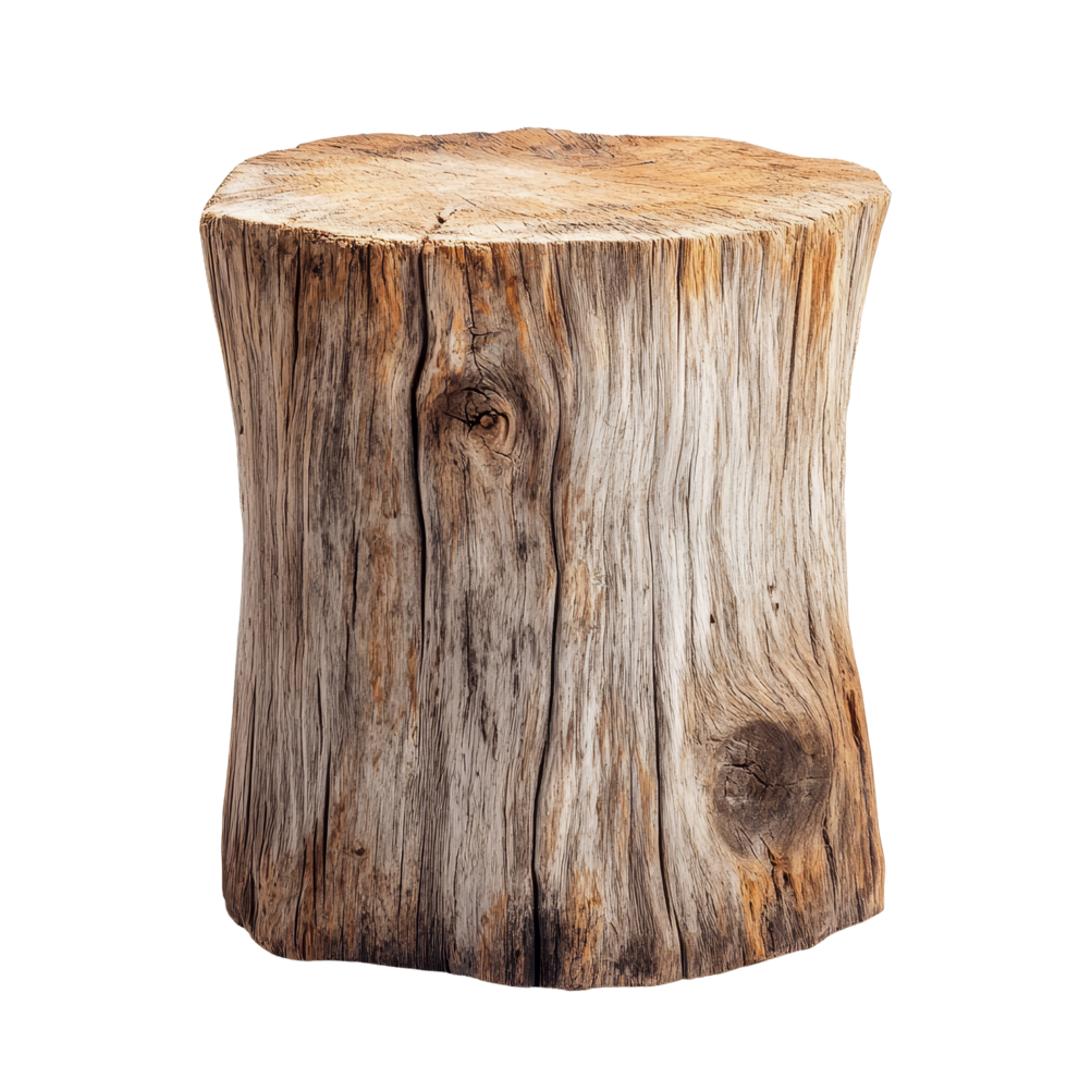 A rustic wooden log stump displayed on a transparent background showcasing natural texture and grain patterns, Wooden Log Stump on transparent background png