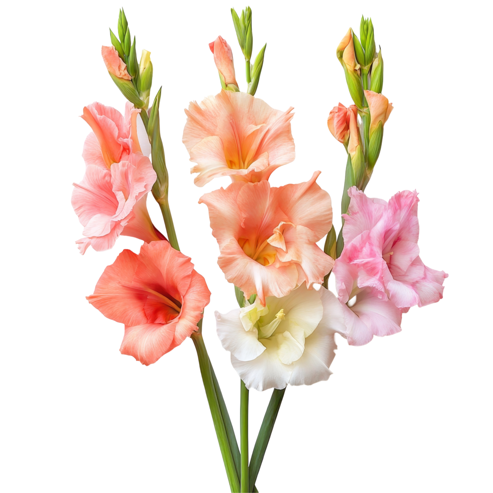 Beautiful gladiolus flowers in a vibrant floral arrangement isolated on a clean transparent background, gladiolus flowers in a floral arrangement isolated on transparent background png