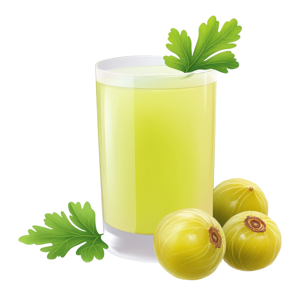 Fresh Indian gooseberries with leaves and juice displayed on a transparent background for healthy lifestyle concepts, Indian gooseberry with leaf and juice on transparent background png