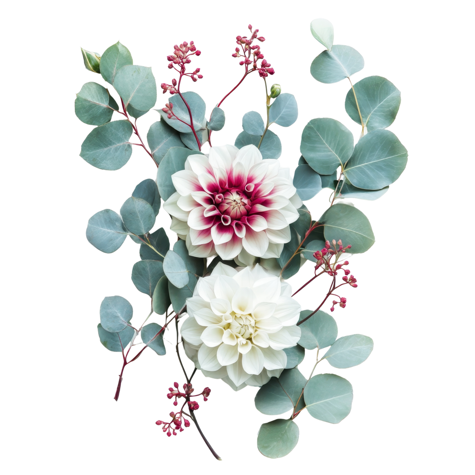 Beautiful dahlia roses and eucalyptus leaves arranged on a transparent background with touches of perfect for decor or design inspiration, dahlia, rose and eucalyptus leaves transparent background png