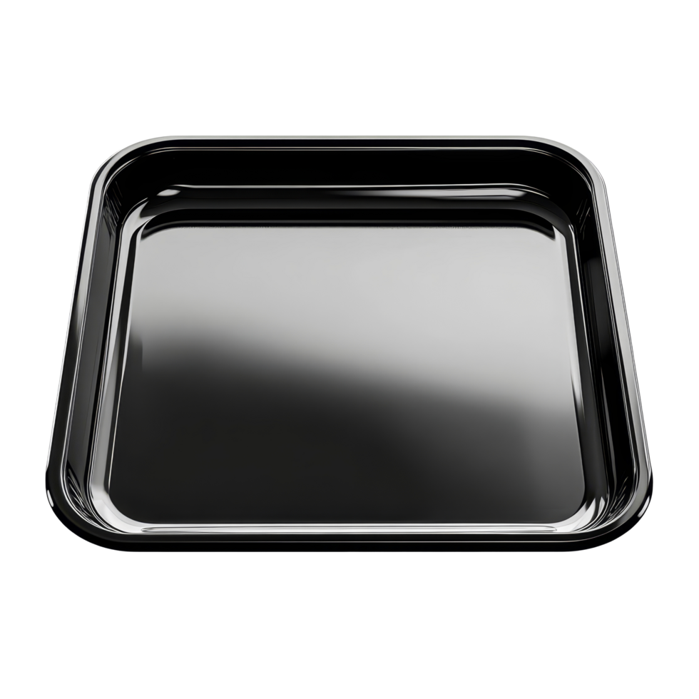 A black empty food tray isolated on a transparent background for versatile culinary uses, Black empty food tray. Isolated on transparent background png