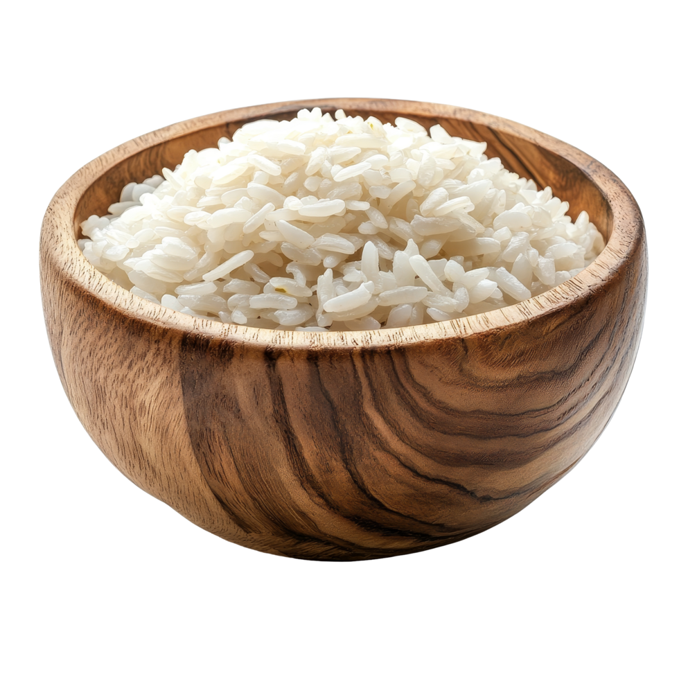 Jasmine rice cooked to perfection served in a rustic wooden bowl against a clean transparent background, jasmine rice cooker in wood bowl on transparent background png