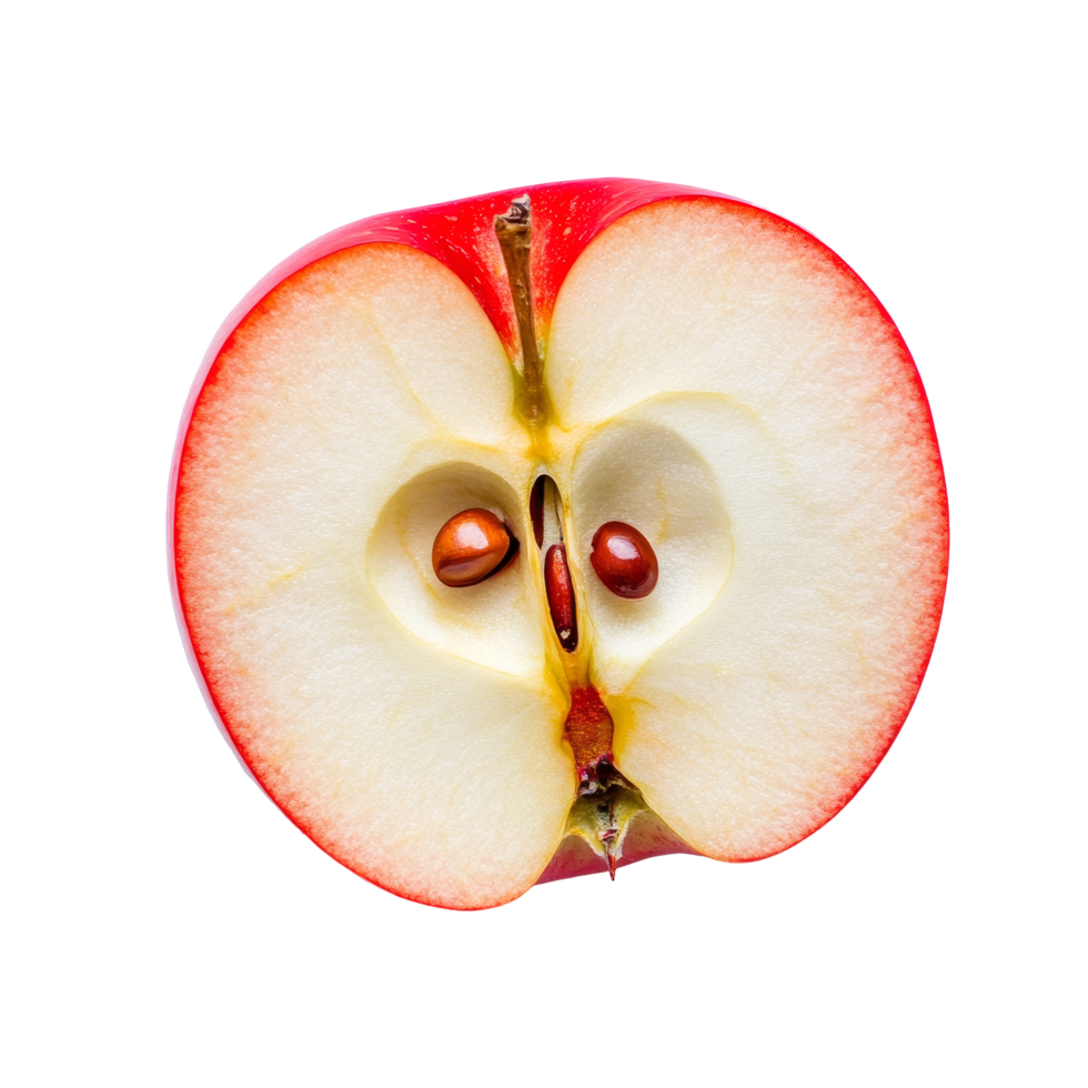 Freshly cut red apple slice revealing seeds on a clean transparent background for a healthy snack option, red apple fruit slice cut on transparent background png