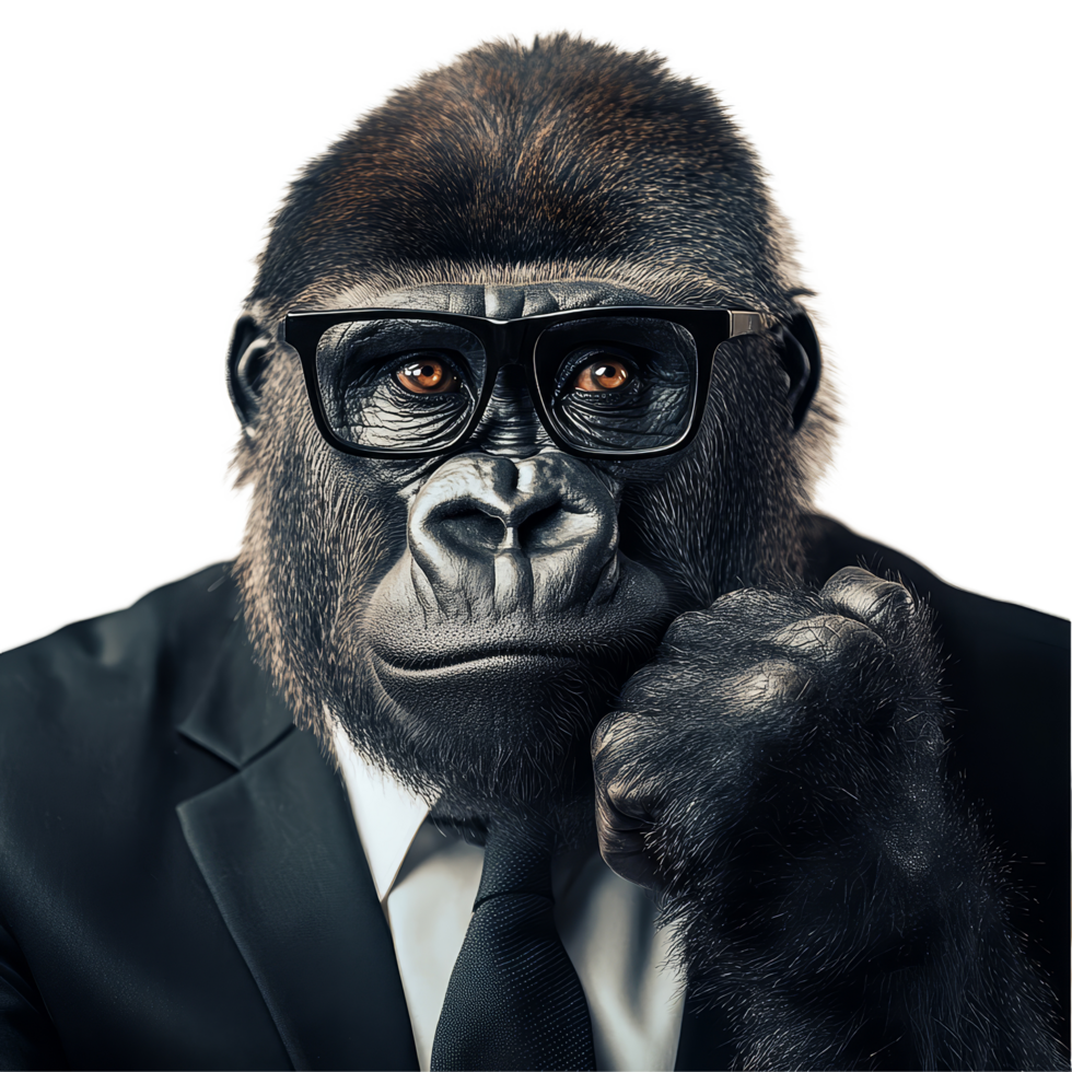 A thoughtful gorilla executive in a suit and glasses embodies corporate leadership and determination, Thoughtful Gorilla Executive as Corporate Leader On transparent background png