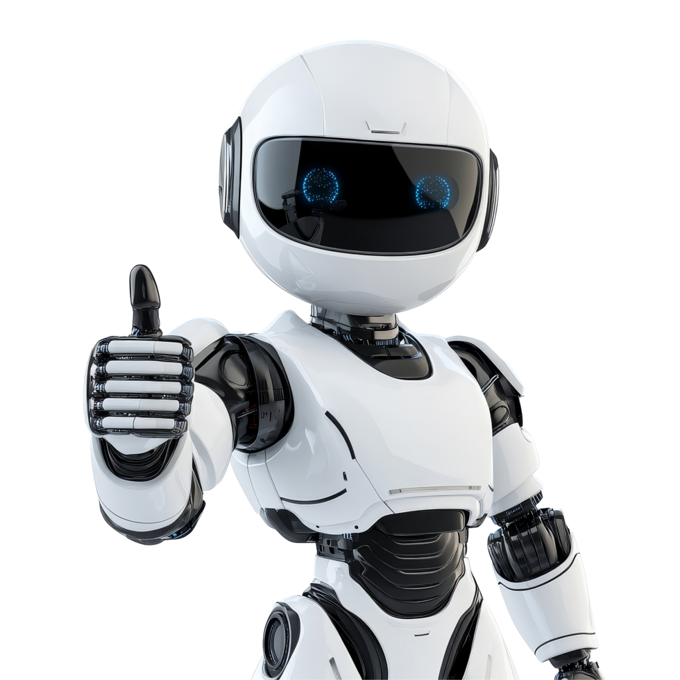 Friendly AI robot giving a thumbs up, showcasing positivity and futuristic design against a clean transparent background, Friendly AI Robot with Thumbs Up on transparent background png